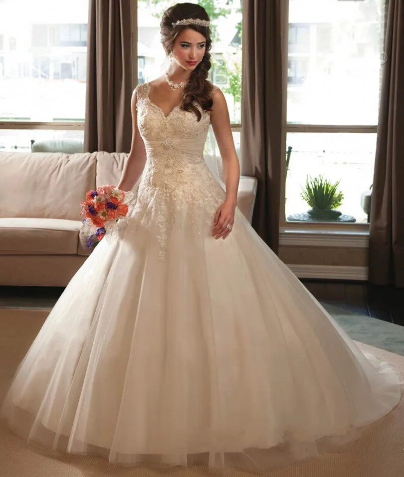 Vestido Де Casamento 2017 Сшитое Белый/Слоновая Кость Тюль V образным Вырезом Аппликации