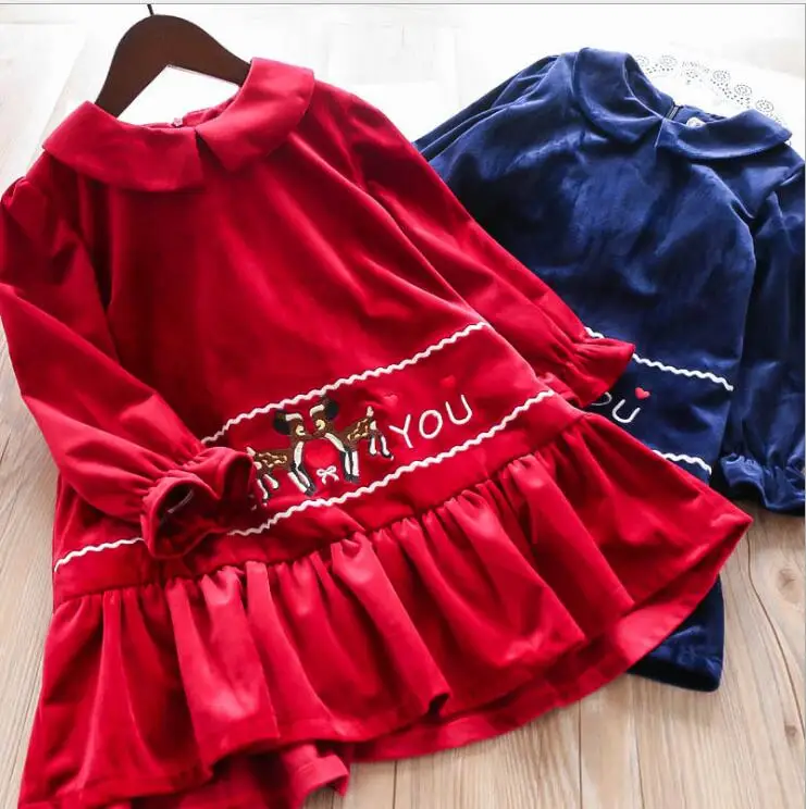 New Autumn Baby Kids Embroidery Velour Long Sleeve Dresses 2018 Girls Elegant Dress 5 pcs/lot Wholesale Free Shipping | Детская одежда