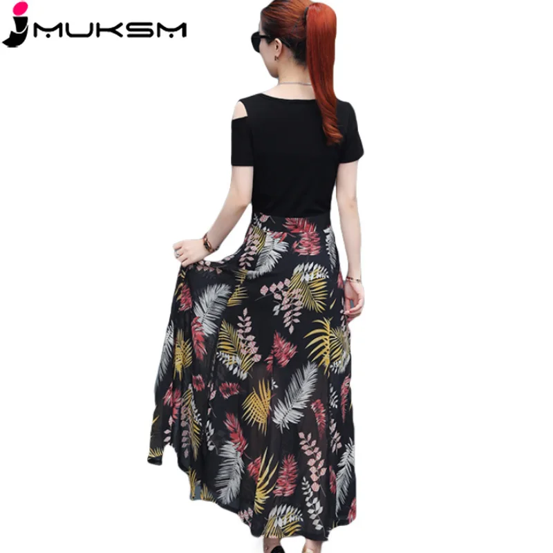 

2018 Summer Off Shoulder Sleeve Stitching Chiffon Dress Fashion O-Neck Sexy Women Long Dresses Casual Slim Vintage Dress J151