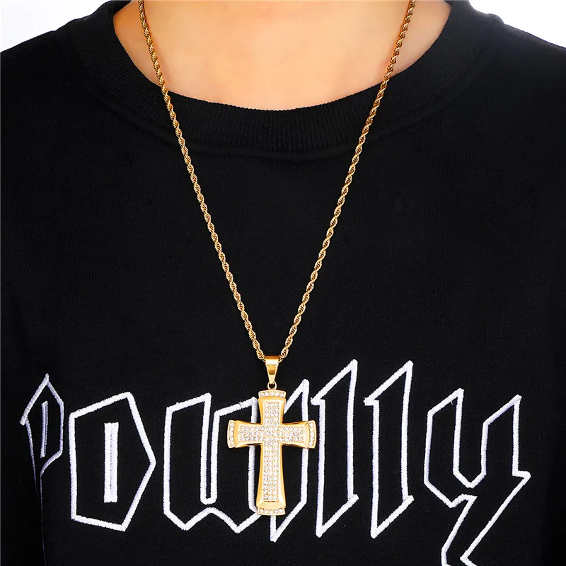 24&quot Link Chain Necklace For Men Hip Hop Stainless Steel Full Bling Rhinestone Cross Pendant | Украшения и аксессуары