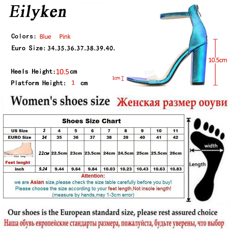 Eilyken; Летние босоножки на высоком каблуке; Модные женские Босоножки с открытым носком и пряжкой на ремешке с закрытой пяткой; цвет синий, розовый; женские босоножки под змеиную кожу