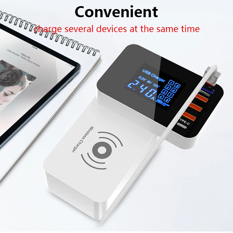 5 портов USB зарядная станция ЖК-дисплей настольная умная Беспроводная зарядка