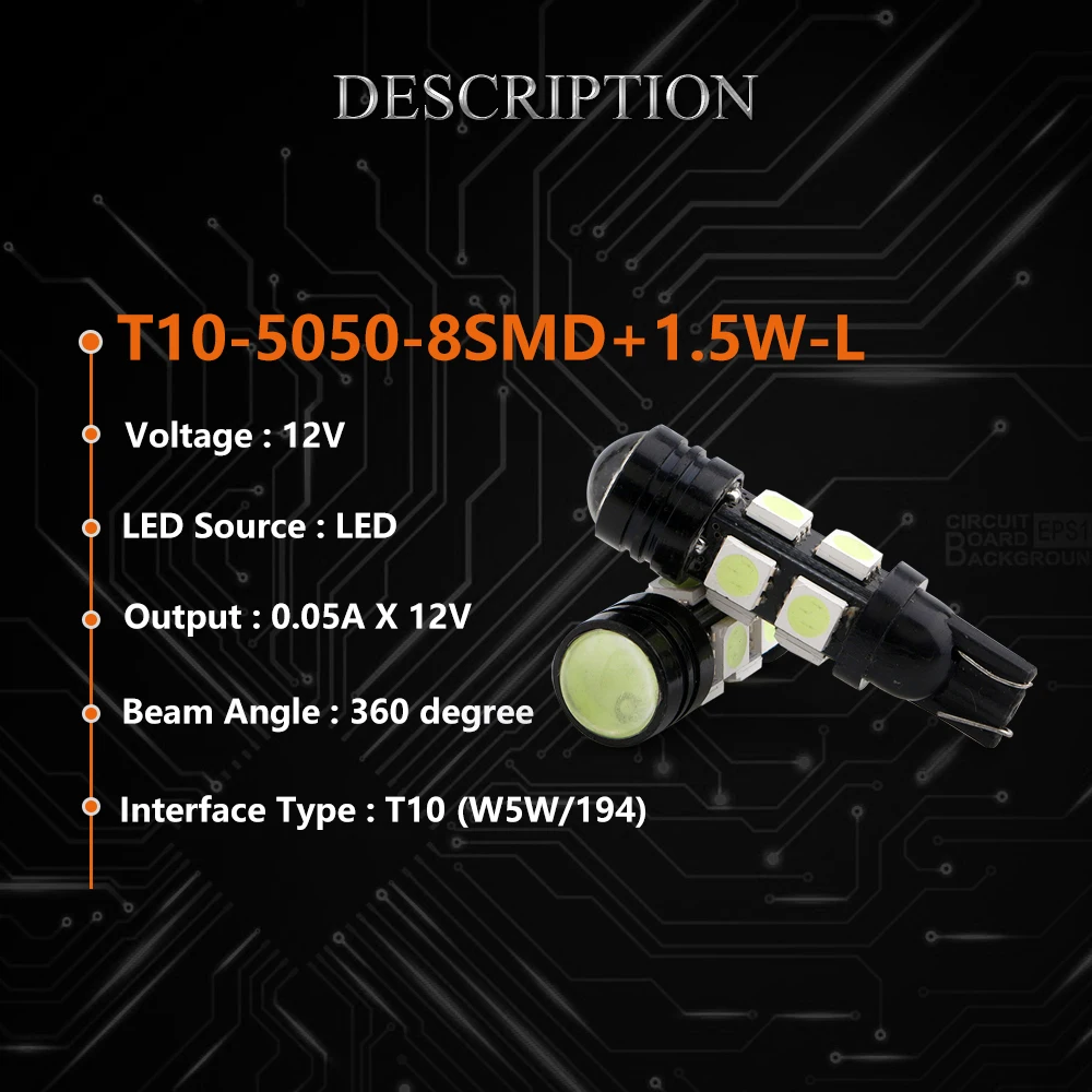 100 шт. белый объектив T10 5050 8 светодиодные лампы SMD W5W 194 168 разрешение на парковку пластина Боковые Сигналы авто лампа для чтения 300LM