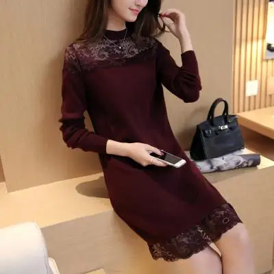 

Nice Autumn Winter New Women Lace Shirt In The Long Section Of self-cultivation Bottoming Shirt Knitted Sweater Coat Female