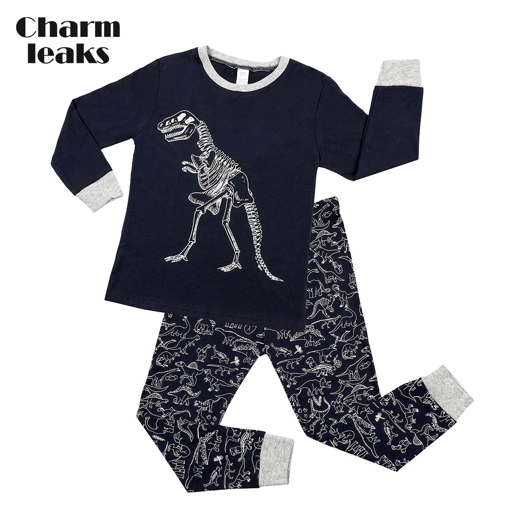 Детский пижамный комплект с длинным рукавом и принтом динозавра|Сочетающаяся