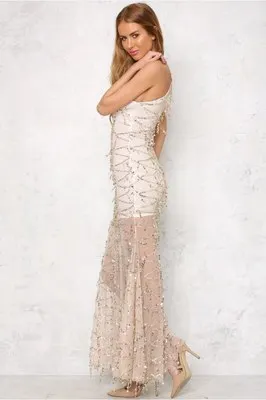 Роскошное длинное платье с V-образным вырезом из Дубая блестками бисера разрезом