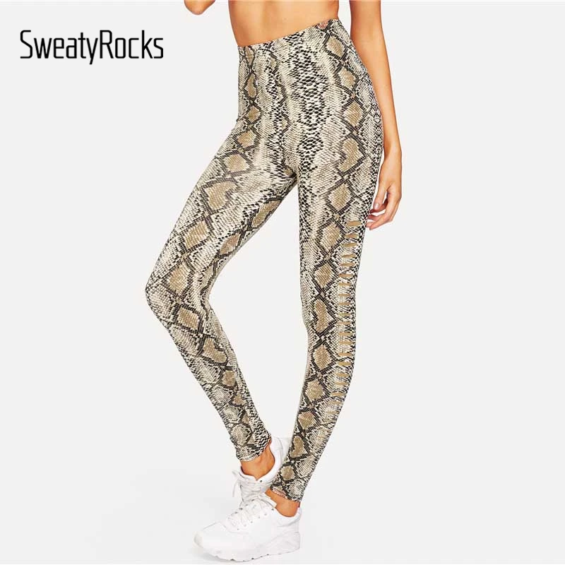 SweatyRocks, леггинсы с принтом змеиной кожи, маленькие разрезы по бокам, обтягивающие леггинсы для фитнеса,, женская одежда для активного отдыха, леггинсы для тренировок