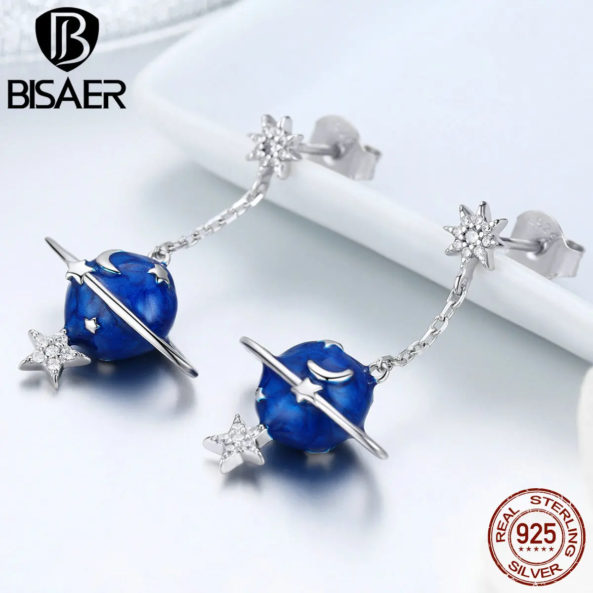 BISAER, 925 пробы, серебряная, синяя эмаль, планета, галактика, звезда, длинные висячие серьги, серебряные, модные ювелирные изделия, подарки для женщин GAE016
