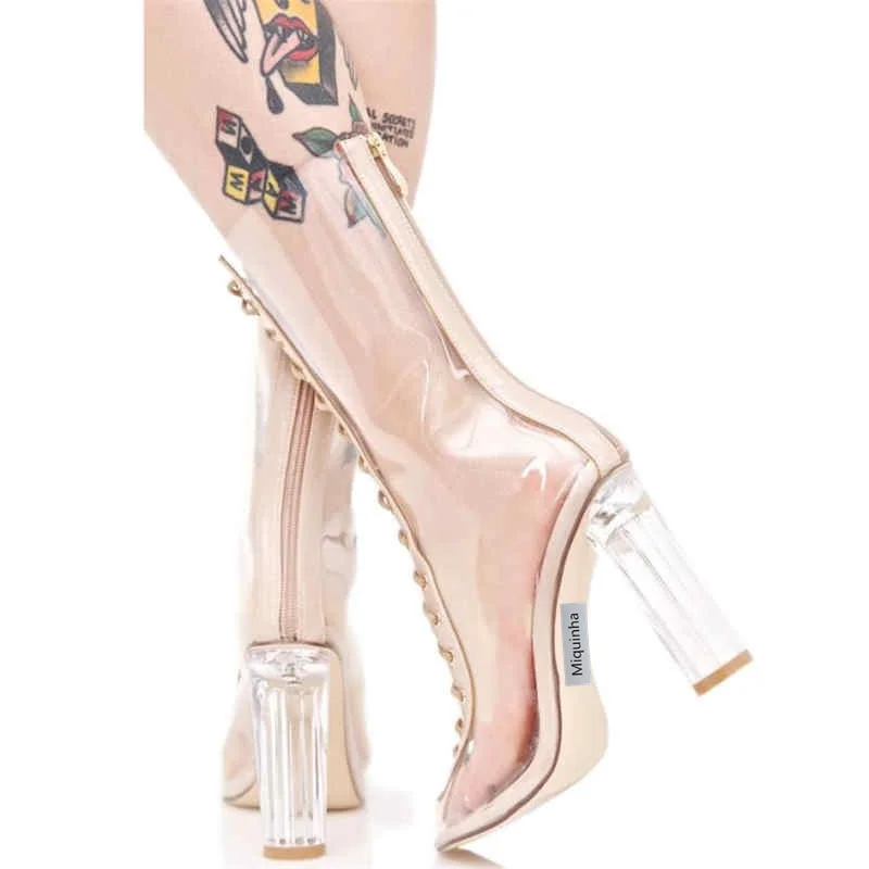 

Miquinha Hot Peep Toe Lace Up Women Summer Boots Transparent Sexy Thick High Heel Women Shoes Super Star Runway Stylish Shoes