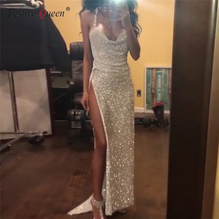 FestivalQueen Luxury Halter Rhinestone Sequins Dress Women Backless Glitter Side Split Diamond Party Nightclub Dress - Цвет: silver dress
