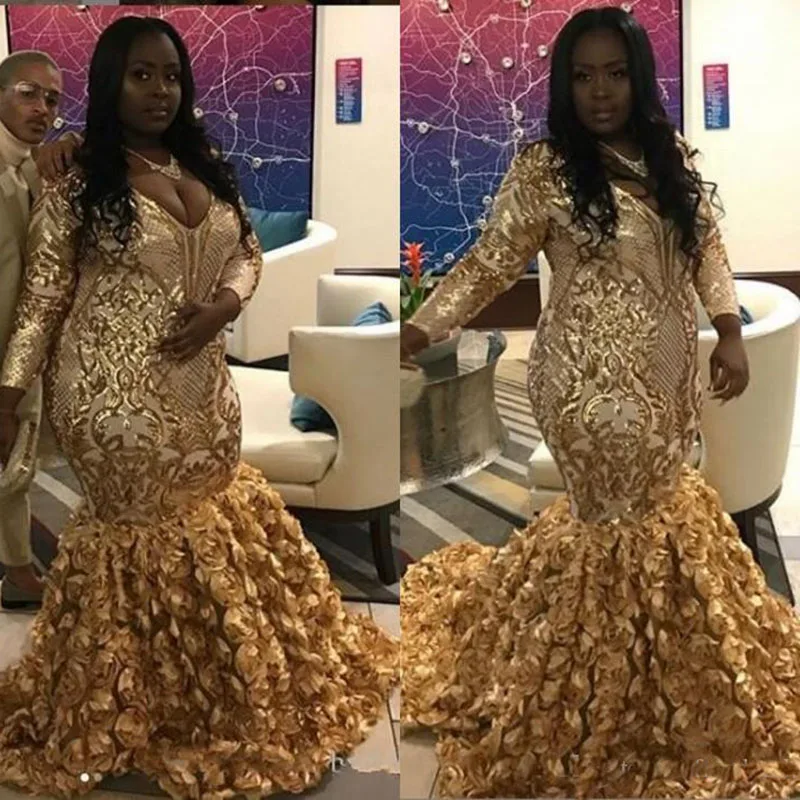 Gold Black Girls Plus Size Prom Dresses v Neck Sequin Applique Long Sleeves Rose Floral Skirt Special Occasion Gowns