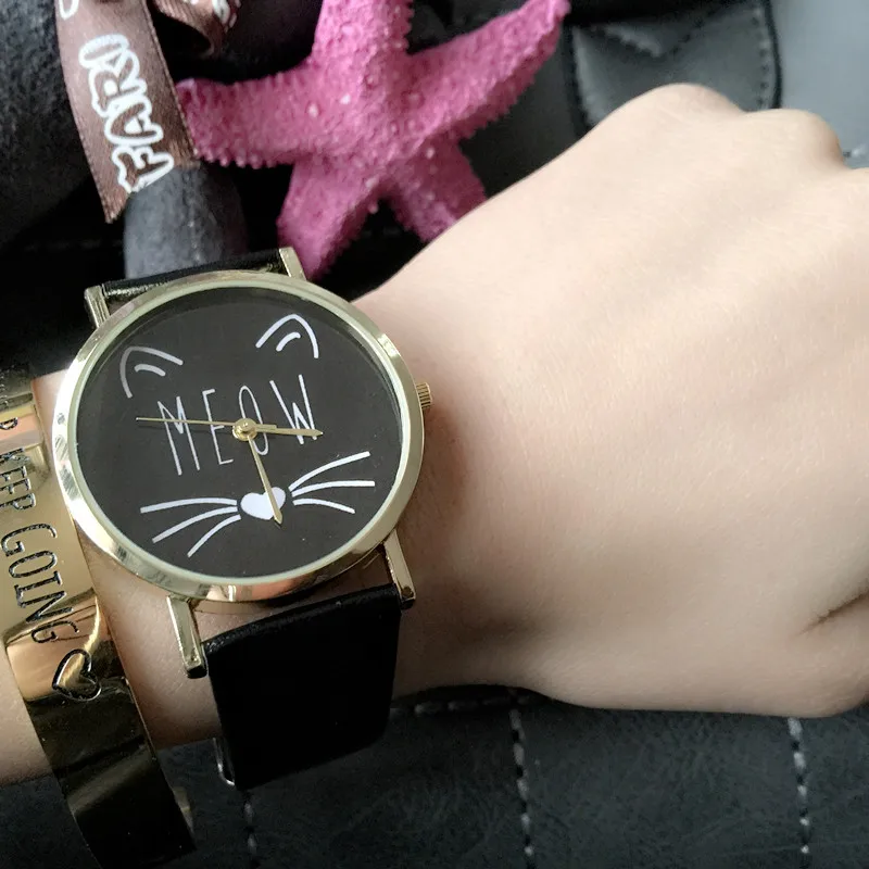 Милые часы с котом новинка 2016 кожаным ремешком в форме мордочки кошки женские