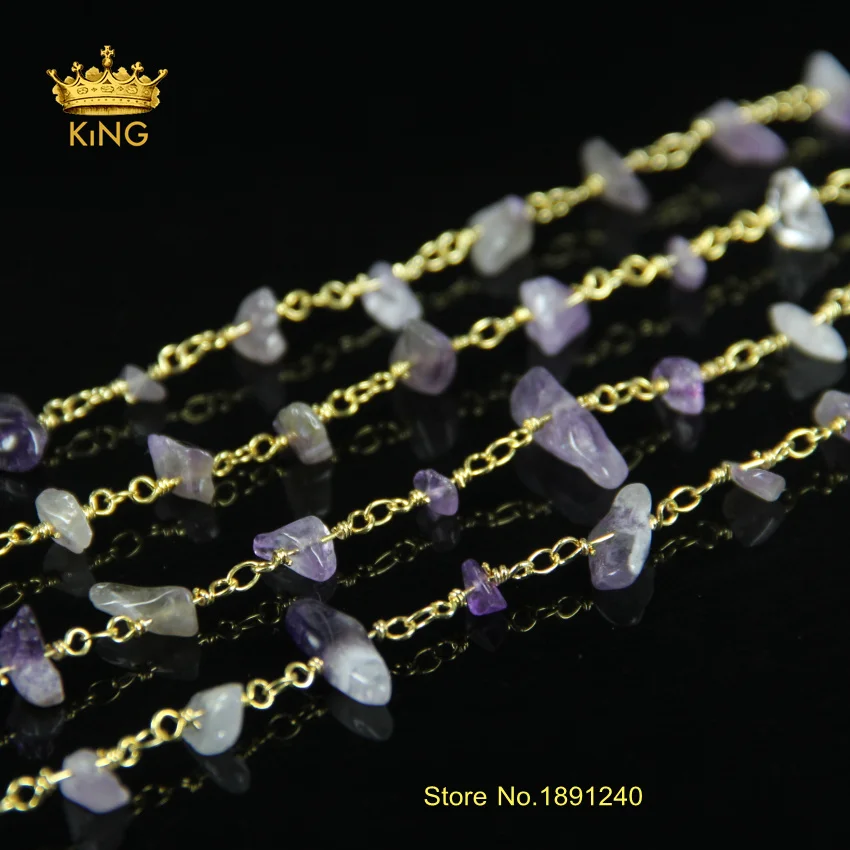 

5Meter/Lot Purple color Stone Chips Wire Chain Jewelry with Gold Necklace Rosary Chain Bead Chain JD0115