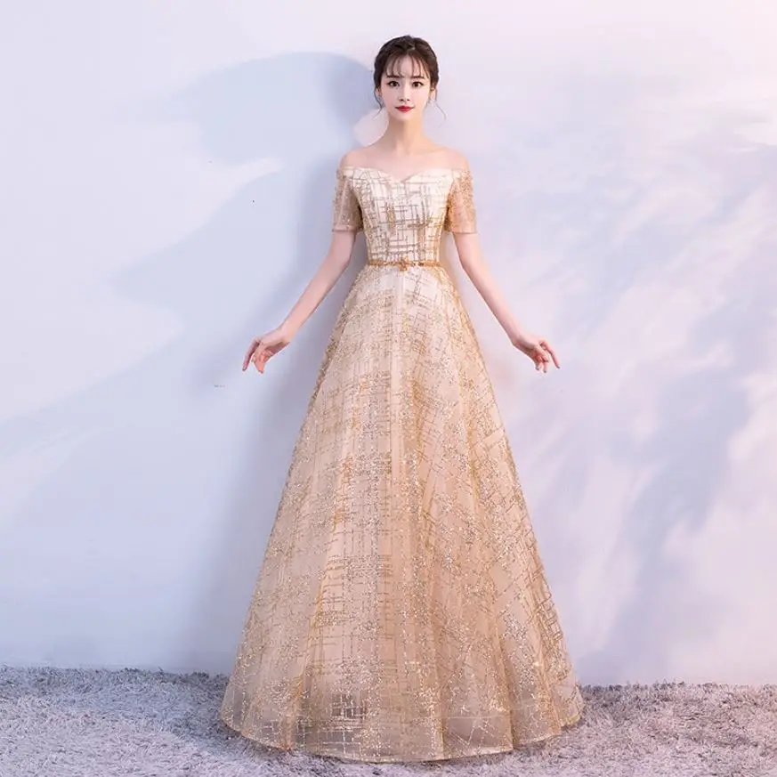 Vestidos boda invitada2019 Новое Кружевное платье подружки невесты с коротким рукавом и вырезом лодочкой с блестками цвета шампанского, золотого, розового цвета