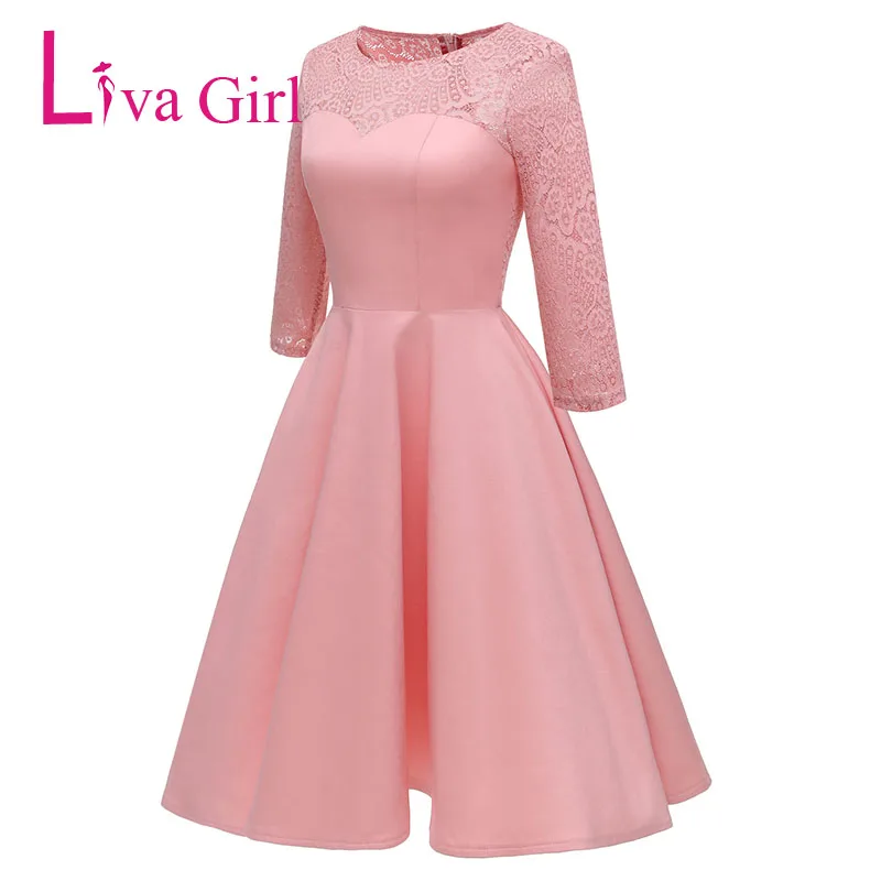 Pink LIVA GIRL элегантное бордовое приталенное платье для женщин осень зима сексуальные кружевные миди платья вечерние платья XXL офисные платья - Цвет: Pink