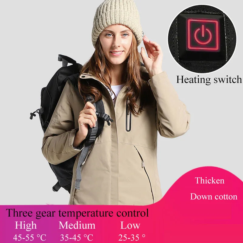 Women Khaki Новое поступление, мужская, женская, USB Инфракрасная куртка с подогревом, для походов, походов, альпинизма, катания на лыжах и сноуборде, водонепроницаемые куртки - Цвет: Women Khaki