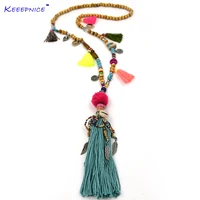 new bohemian beaded chain long fringe tassel pendant necklace pompous pompoms buddha pendants necklace for women