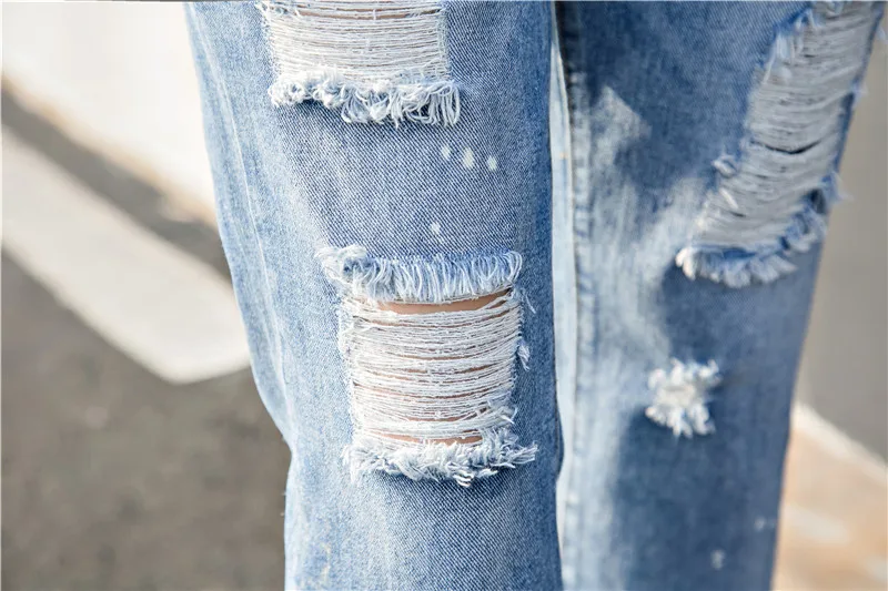 YAGENZ 2017 Fashion Korean Women Hole Burr Jeans High waist Loose Nine points pants Straight Retro Students Wide leg |