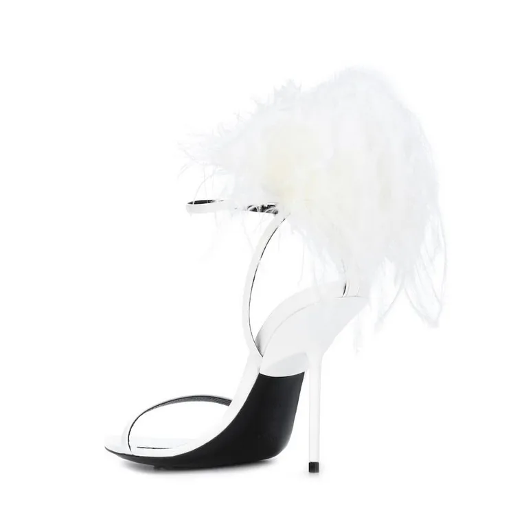 Сексуальные сандалии с острым носком украшенные перьями туфли на шпильке