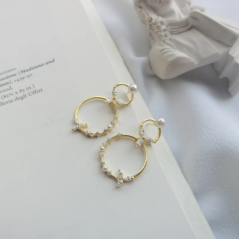Loioloy New Trendy 100% 925 Sterling Silver Flower Circle Pearl Double Circles Earrings for Women Jewelry Gift | Украшения и