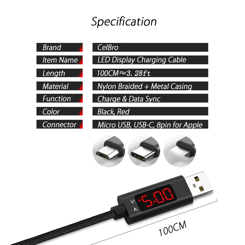 USB кабель Type C со светодиодным цифровым дисплеем быстрой зарядки 3 0 с 8 контактами