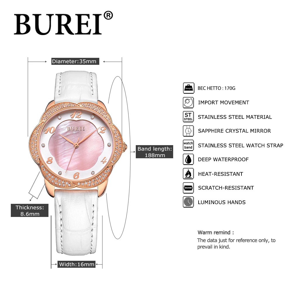 BUREI белые кожаный ремешок наручные часы из нержавеющей алмазов цветок Стальной