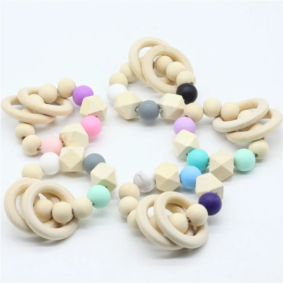 

1pc teether Teething Natural Wood Ring Silicone Beads Hand Weave Bracelet Organic Infant Neutral Gift Toys Nursing Baby Teether