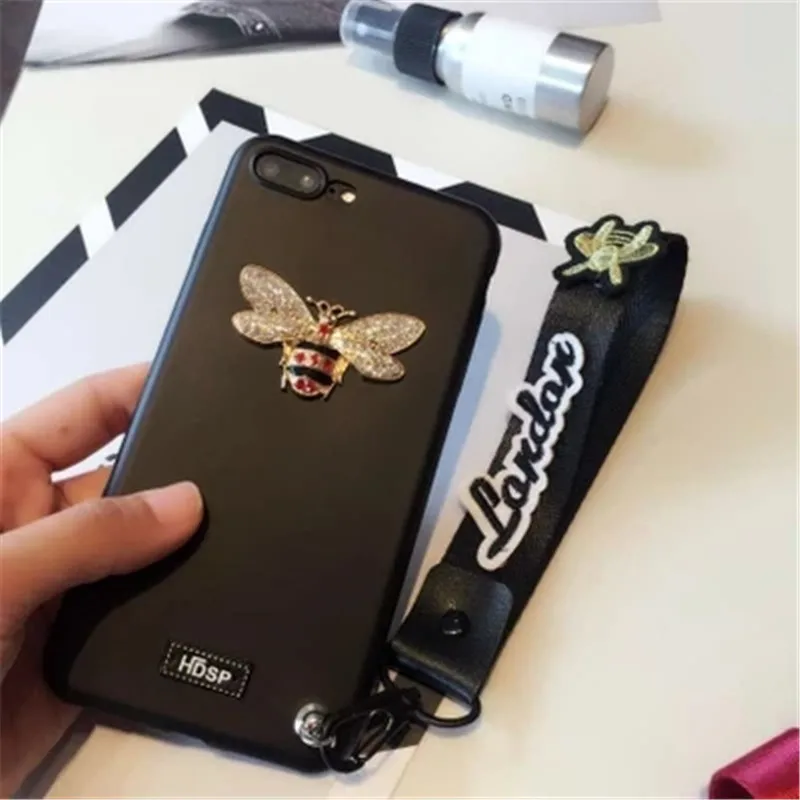 XSMYiss Glossy bee rhinestones For iphone 8 7 X XS MAX XR 6s Plus mobile phone case soft shell with lanyard hanging neck |