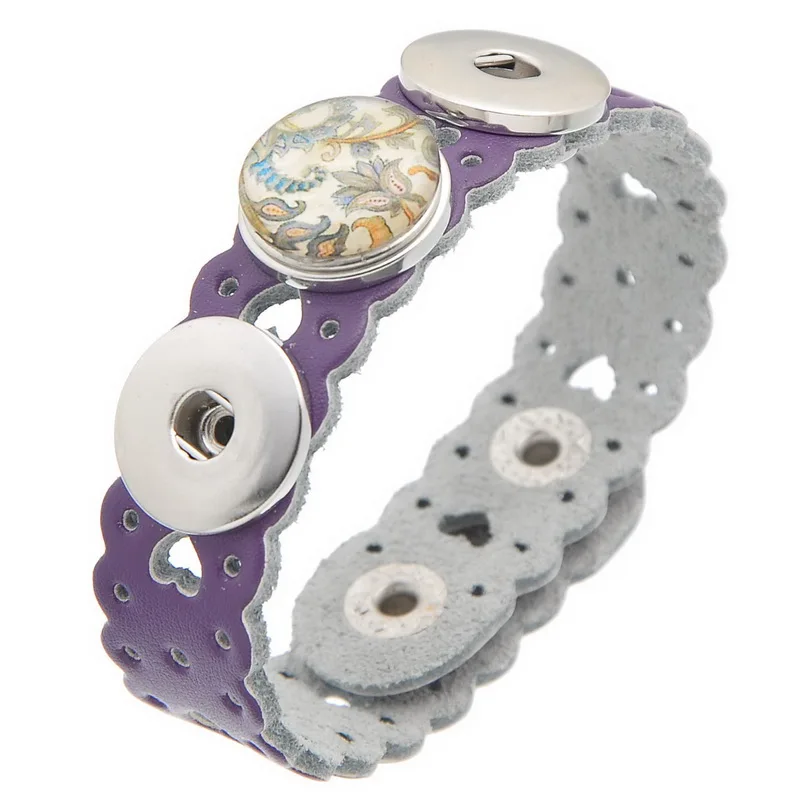 1Pc Purple Heart Real Leather Buckle Wave Lace Bracelets Fit 18mm Snap Press Buttons 24cm | Украшения и аксессуары