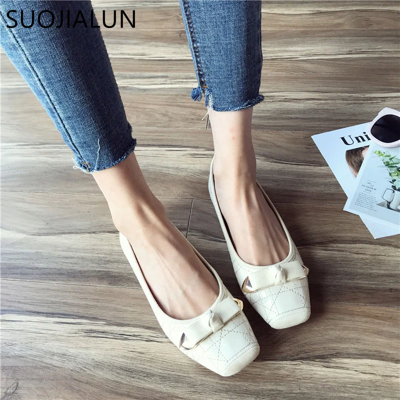SUOJIALUN плюс Size35-40 Женская обувь на плоской подошве Осенняя женская обувь слипоны лоферы с квадратным носом Бабочка-узел балетки на плоской подошве женская обувь