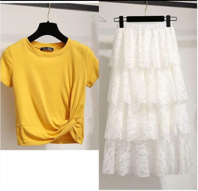 yellow and white Летние комплекты из двух предметов, корейские топы с галстуком и юбки, комплекты, длинные юбки с оборками, 2 предмета, спортивные костюмы, спортивный костюм для женщин, плюс размер 3XL - Цвет: yellow and white