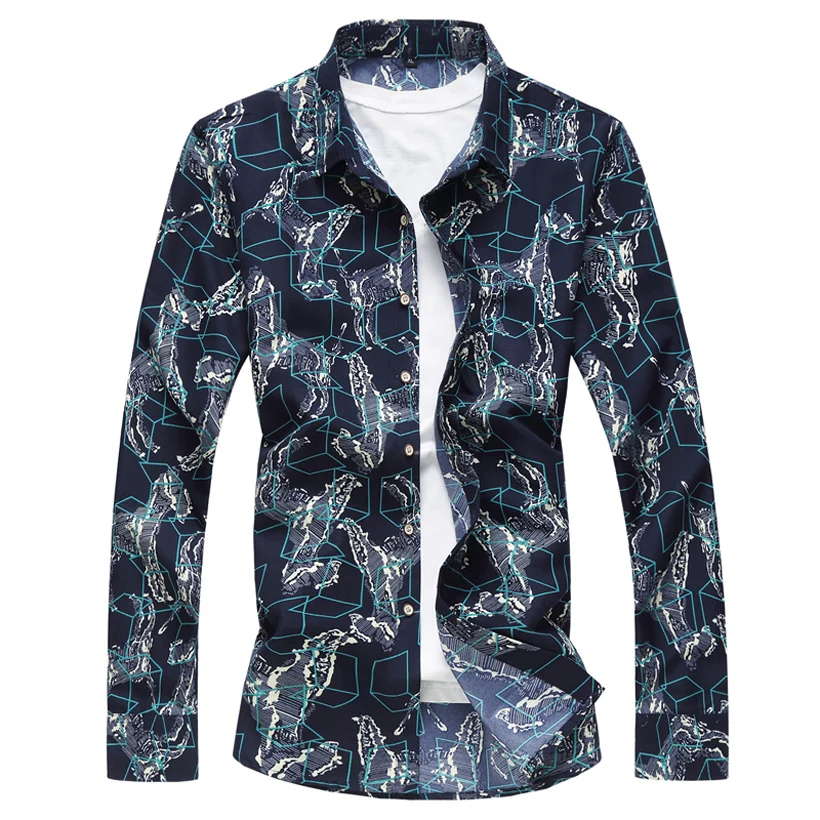 Fashion Men's Printed smart Casual Slim fit Long sleeve geometric animal printes red blue Plus size M~5XL 6XL 7XL Shirt | Мужская