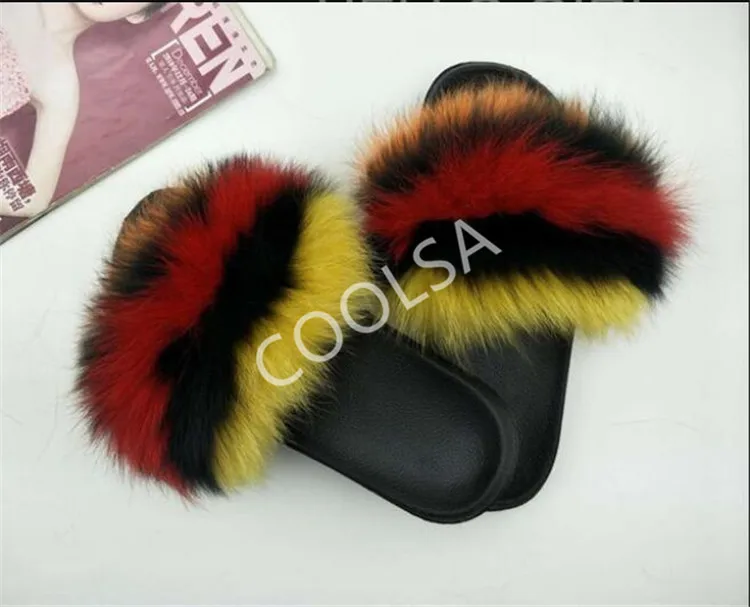 Women's Summer Fur Slippers Indoor Warm Fluffy Plush Home Shoes Woman Real Fox Hair Fur Slides Furry Sandals Female Flip Flops