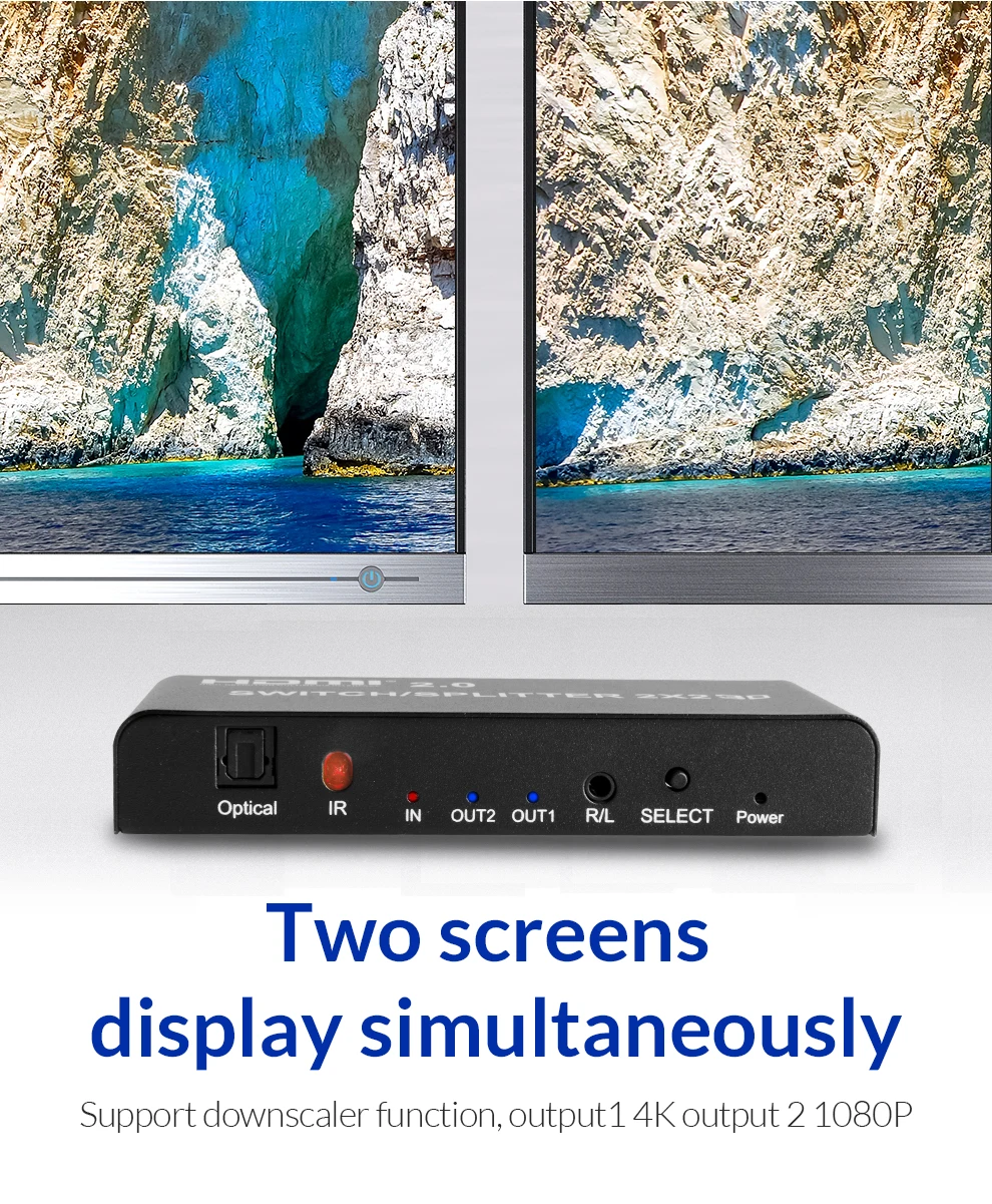 Unnlink HDMI 2,0 2 в 2 Выход HDMI переключатель сплиттер 2x2 оптический 3,5 мм HDCP2.2 4 k@ 60 Гц HDR+ 1080P приемник для ТВ проектора ps4 xbox