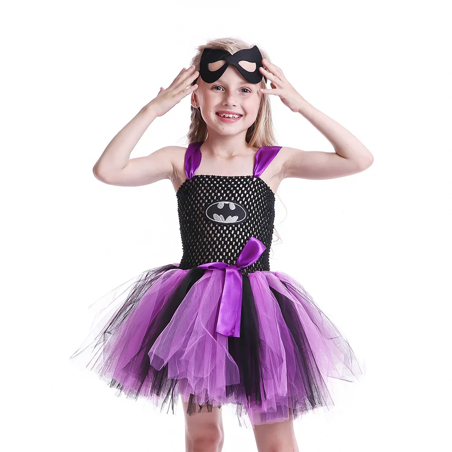 Bat Man Superhero Girls Tutu Dress with Mask Children Halloween Cosplay Costume Girl Kids Tulle Party Vestidos | Детская одежда и
