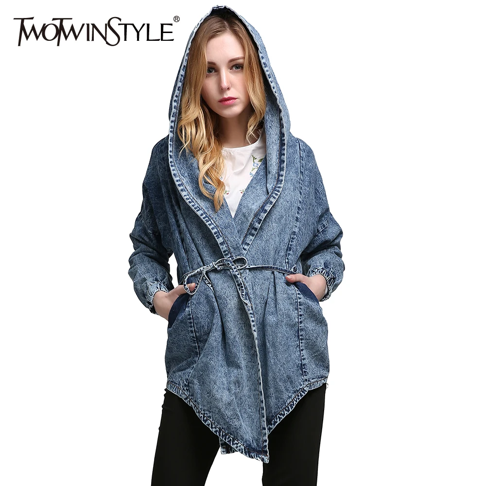 [Twotwinstyle] Осень Кружево с капюшоном ветровка Для Женщин Джинсовое одноцветное