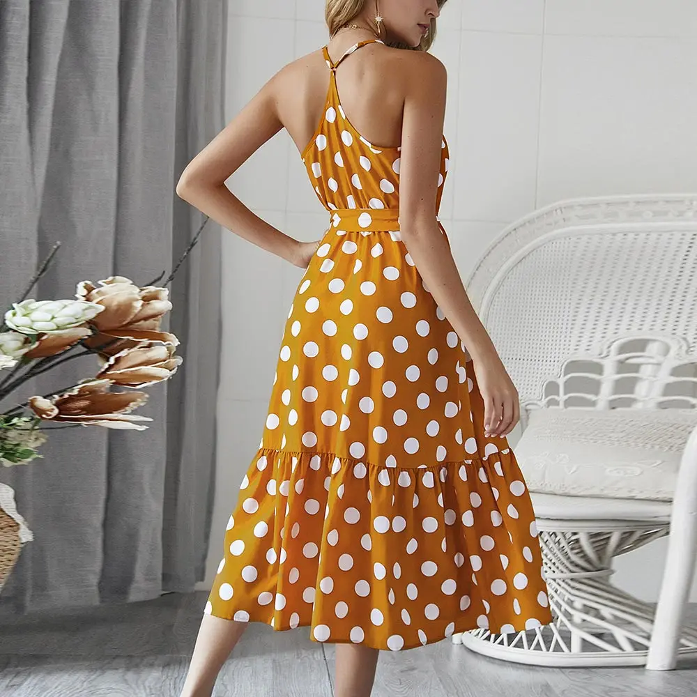 

WildPinky Women Boho Polka Dot Summer Beach Midi Dress Evening Party V-Neck High Waist A Line Strap Dress Chic Femme Vestidos