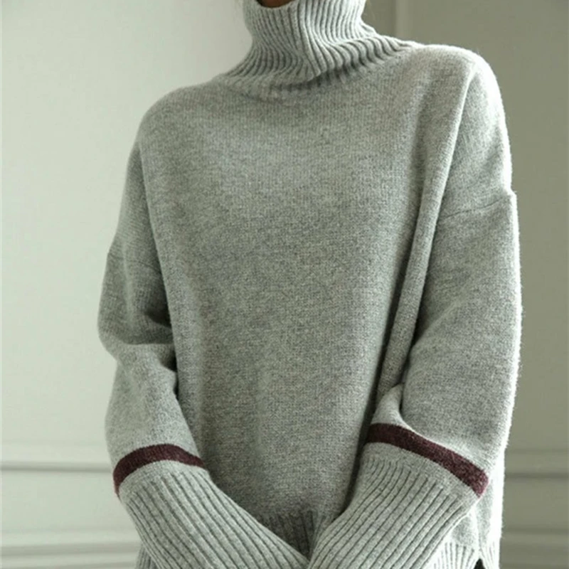 New Cashmere Knitted Sweater Women Tops Turtleneck Autumn Winter Female Pullover Loose Casual Warm Sweater - Цвет: Серый