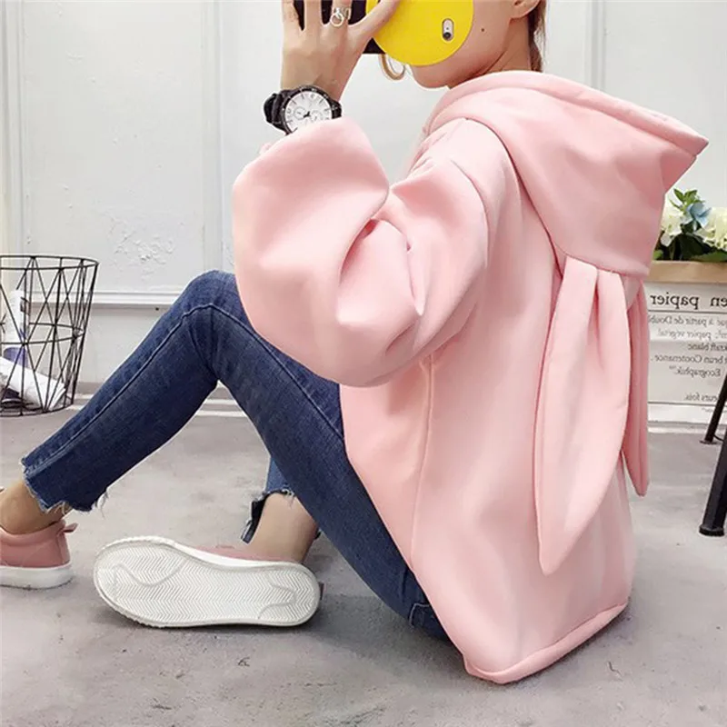 Женская толстовка с капюшоном Kawaii Sweet Rabbit Ears розовая вышивкой свободные