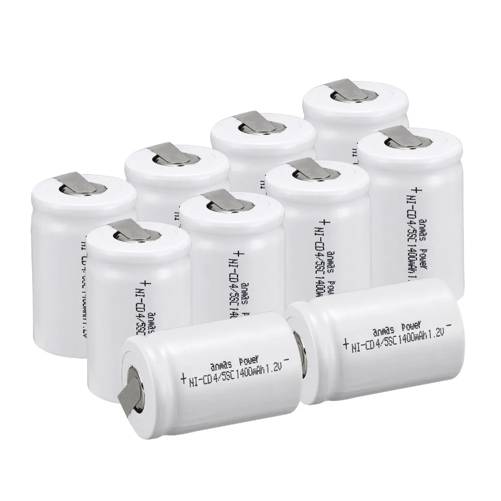

Anmas power! 10 PCS Ni-Cd 4/5 SubC Sub C battery Rechargeable Battery 1.2V 1400mAh with Tab 3.3cm x 2.2cm-Tab white color