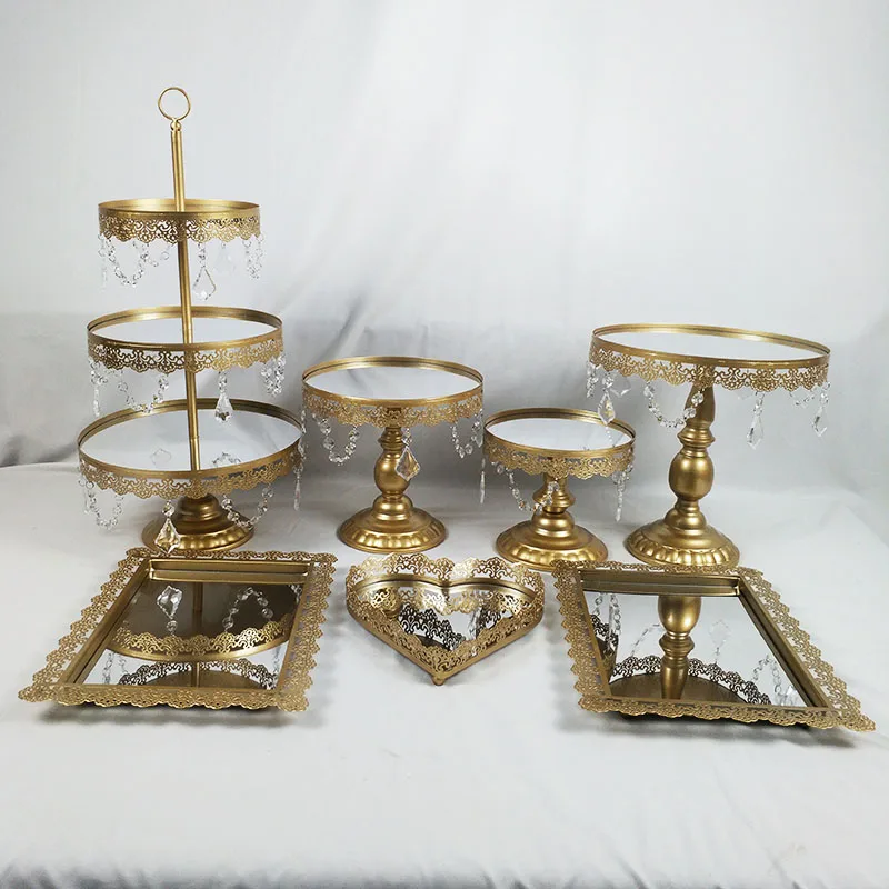 Mirror gold 7pcs 5-18 шт Золотая подставка для торта круглые подставки для кексов металлическая подставка для десерта с подвесками и бусинами, золото - Цвет: Mirror gold 7pcs