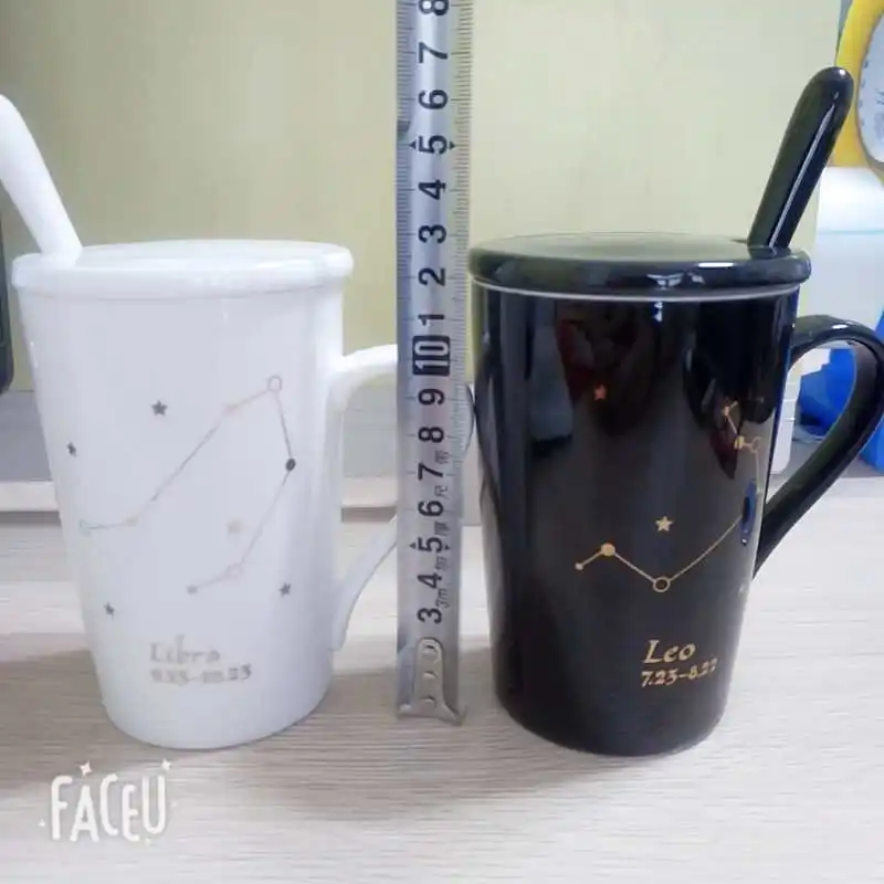 Оригинальная кофейная кружка 12 созвездий черно-белая фарфоровая с крышкой и