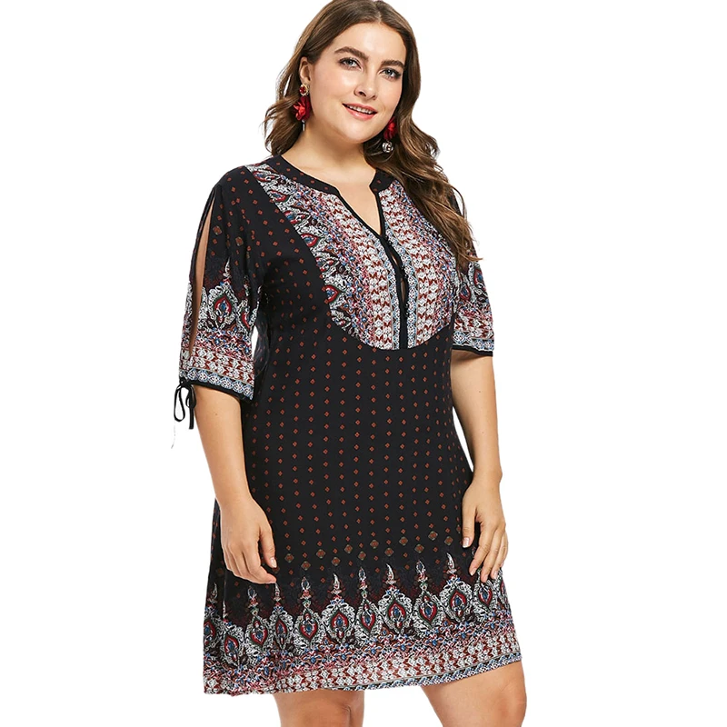 PlusMiss плюс размеры этническим принтом Boho открытыми плечами свободное платье XXXXL XXXL XXL для женщин большой в