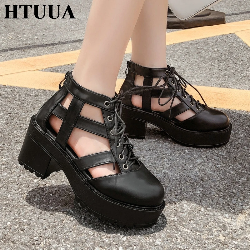 Женские босоножки с закрытым носком HTUUA Летние черные гладиаторские сандалии на