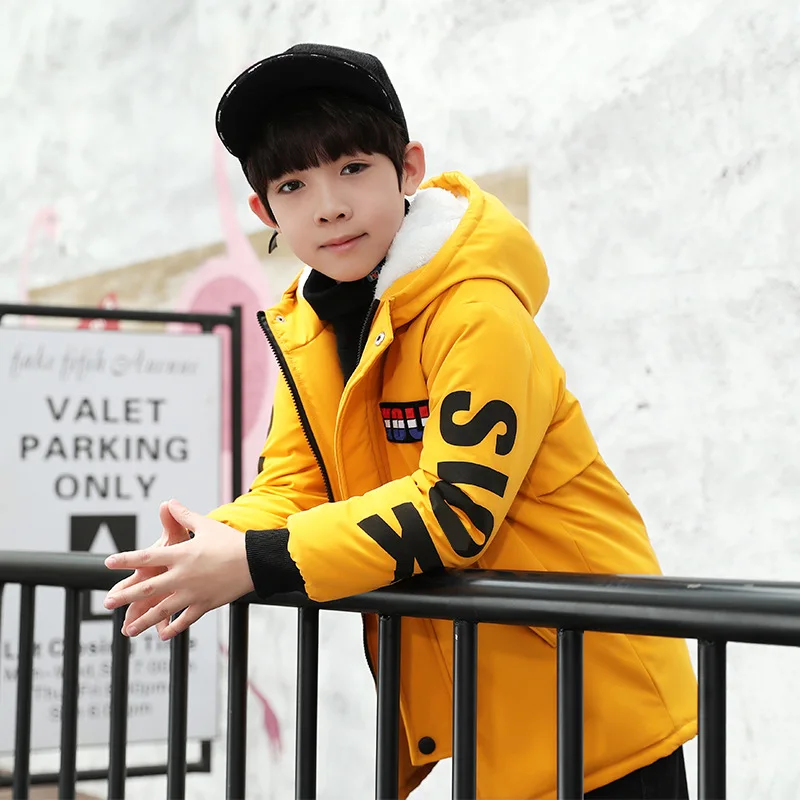 

Unisex Boys Girls 4-12 Years Hooded Casual Fashion Coat Winter Mid-long Letters Thick Warm Fleece Windbreaker Jackets