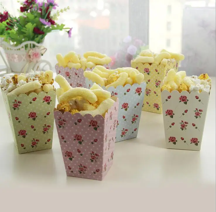 

24 PCS/LOT Flower Design Mini Party Paper Popcorn Boxes Candy Favor Bags Wedding Birthday Movie Party Gift Box