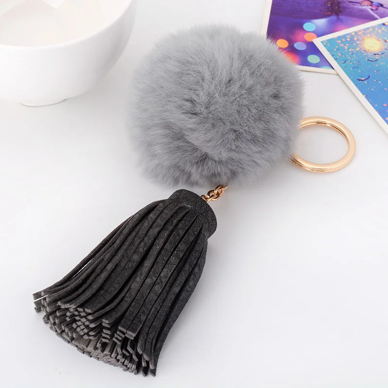 

Пушистый кролик меховой помпон брелок кролик меховой шарик брелок для ключей с декором из кожаной бахромы, Llavero помпоном брелки Porte Clef украш...