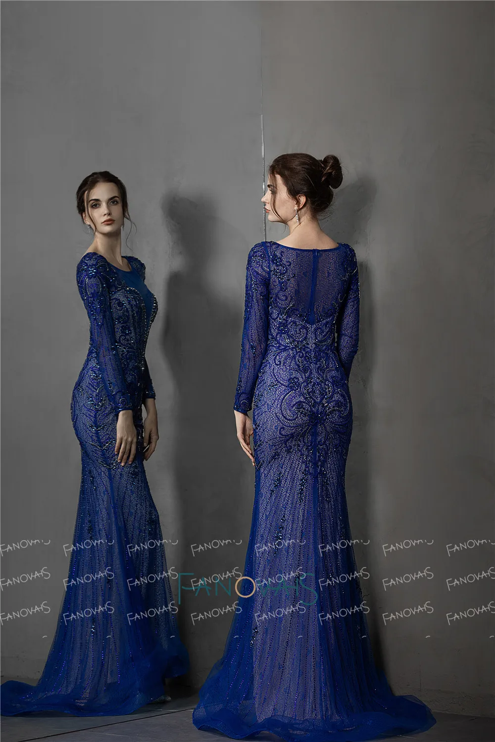 Роскошное Русалка вечернее платье с длинными рукавами О-образным вырезом вечернее, расшитое кристаллами вечернее платье выпускное платье Vestido de Fiesta NE78