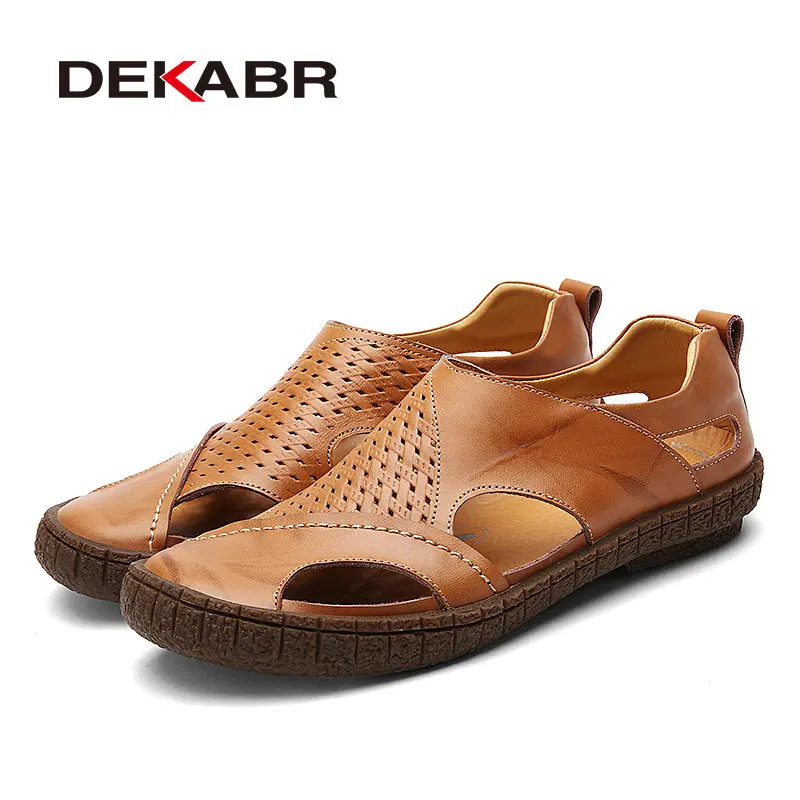 Brown DEKABR/брендовая летняя пляжная обувь; коллекция года; модные дизайнерские мужские сандалии; мужские кожаные тапочки без застежки; повседневная мужская обувь - Цвет: Brown