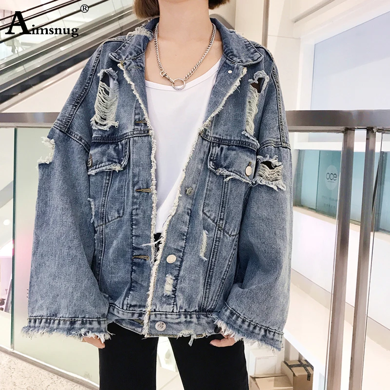 

Autumn Women Hole Denim Jacket Casual Harajuku boyfriend Wind Femme Jean Jacket Loose Long Sleeve Female Coats Large Size Female